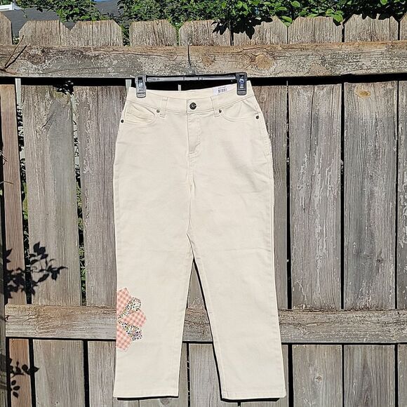 🦋Cropped high rise Embellished denim pant size Mom jeans comfortable 2P - Picture 3 of 11